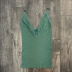 green ribbed deep v neck criss cross tank top — free people